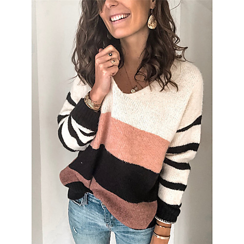 

Women's Striped Pullover Long Sleeve Sweater Cardigans V Neck Blushing Pink