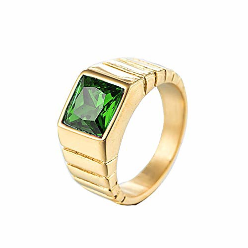 

Ring Band Men Stainless Steel Ladder Gold with Green Stone Ring Size T 1/2