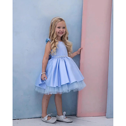 

Princess Knee Length Flower Girl Dresses Party Satin Sleeveless Jewel Neck with Pleats