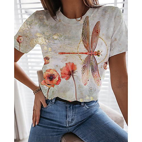 

Women's Painting T shirt Graphic 3D Flower Print Round Neck Basic Tops White