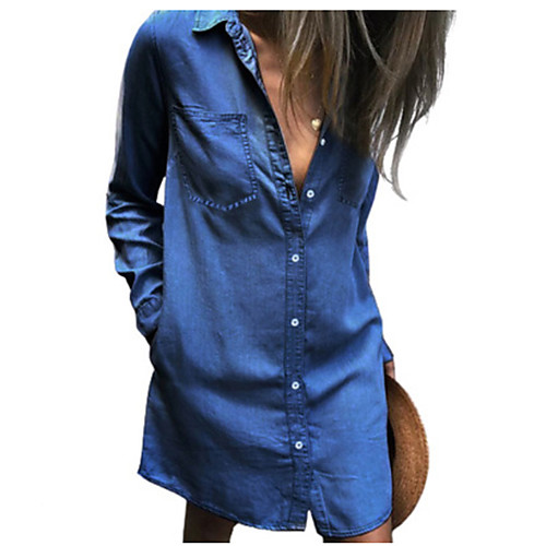 

Women's Denim Shirt Dress Short Mini Dress Blue Long Sleeve Solid Color Summer Shirt Collar Hot Casual Vintage 2021 S M L XL XXL