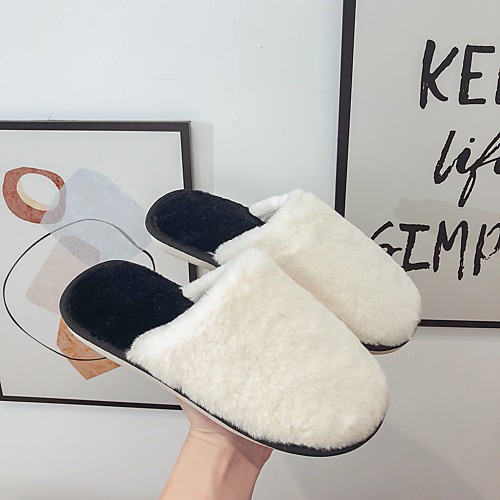 

Women's Slippers & Flip-Flops Flat Heel Round Toe Home Faux Fur Solid Colored Black Pink Khaki