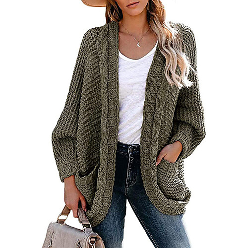 

Women's Stylish Vintage Style Braided Front Pocket Solid Color Cardigan Sweater Long Sleeve Sweater Cardigans Open Front Fall Winter Black Army Green Orange