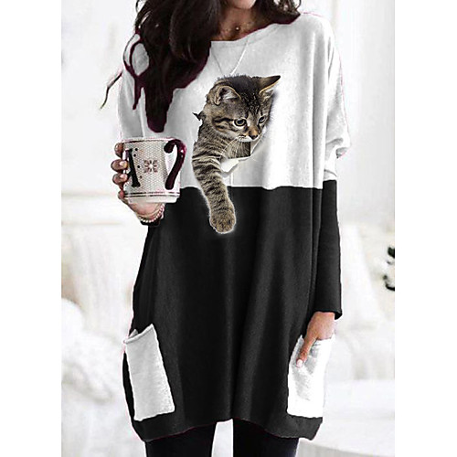 

Women's T shirt Dress Cat Graphic 3D Long Sleeve Patchwork Print Round Neck Tops Basic Basic Top Black Gray