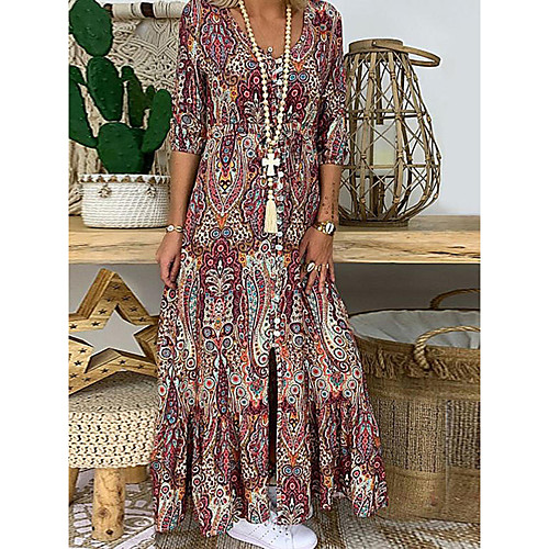 

Women's Swing Dress Midi Dress Wine 3/4 Length Sleeve Print Print Fall Spring Boho 2021 S M L XL