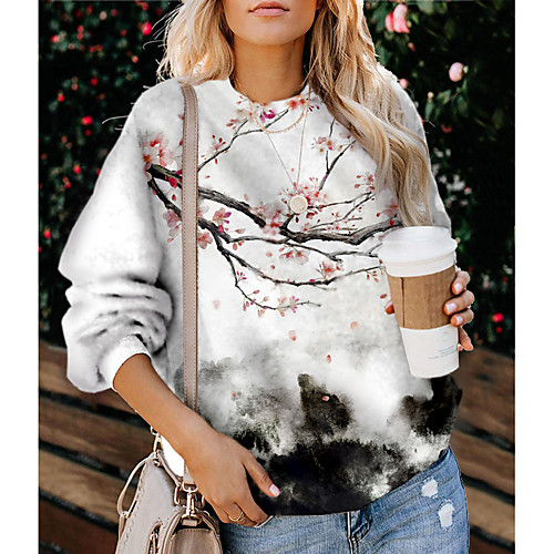 

Women's Hoodie Pullover Floral Graphic Print Daily Other Prints Basic Casual Hoodies Sweatshirts White