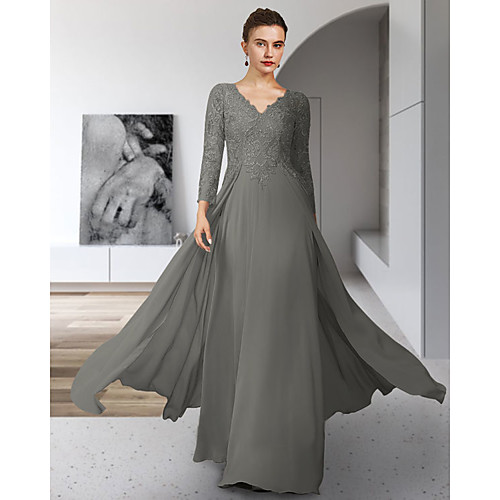 

Sheath / Column Mother of the Bride Dress Elegant V Neck Floor Length Chiffon Lace 3/4 Length Sleeve with Pleats Appliques 2021