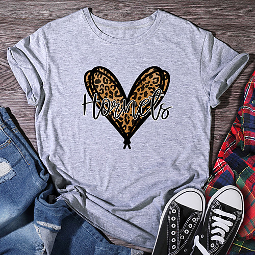 

Women's T shirt Graphic Heart Leopard Print Round Neck Tops 100% Cotton Basic Basic Top White Black Purple