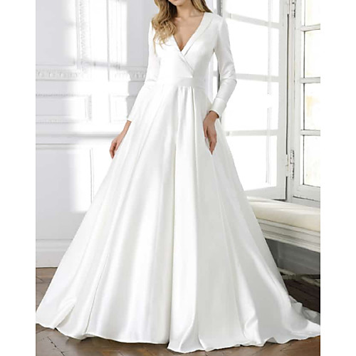 

A-Line Wedding Dresses V Neck Sweep / Brush Train Satin Long Sleeve Simple with Pleats 2021