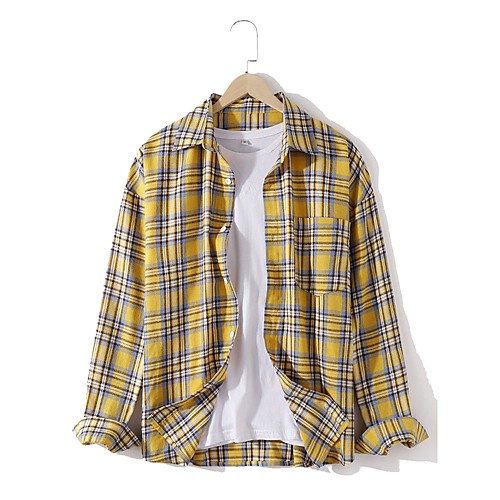 

Men's Shirt Other Prints Lattice Button-Down Print Long Sleeve Daily Tops 100% Cotton Casual Yellow