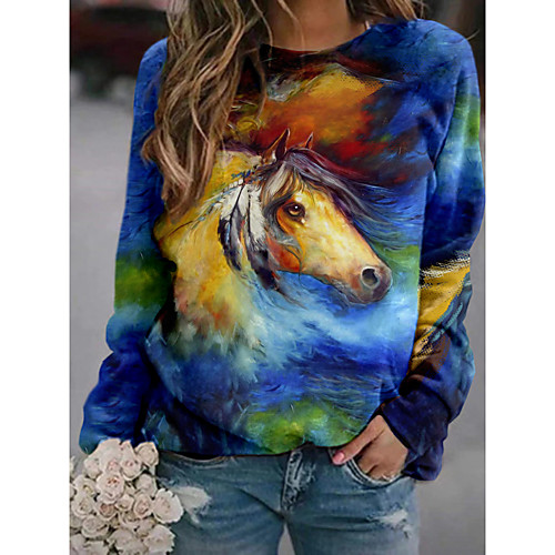 

Women's Pullover Sweatshirt Graphic 3D Horse Print Daily 3D Print Basic Casual Hoodies Sweatshirts Blue