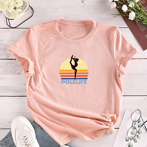 

Women's T shirt Graphic Text Print Round Neck Tops 100% Cotton Basic Basic Top White Black Blushing Pink