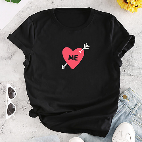 

Women's T shirt Graphic Heart Print Round Neck Tops 100% Cotton Basic Basic Top Black Yellow Blushing Pink
