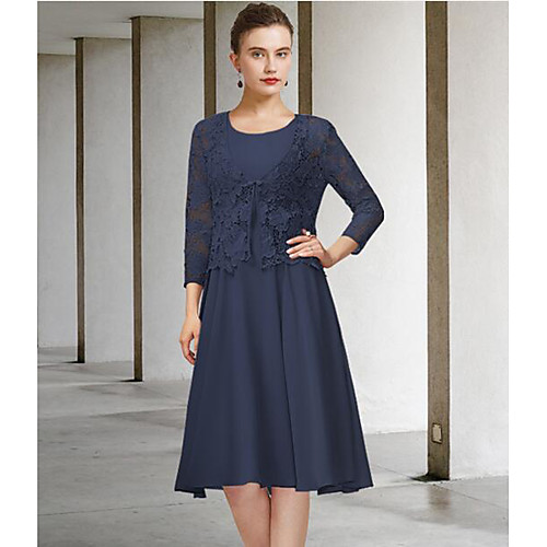 

Two Piece A-Line Mother of the Bride Dress Elegant Jewel Neck Knee Length Chiffon Lace 3/4 Length Sleeve with Bow(s) Appliques 2021