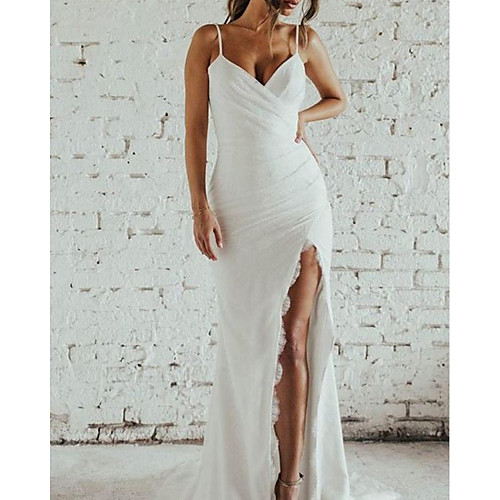 

Sheath / Column Wedding Dresses V Neck Spaghetti Strap Sweep / Brush Train Chiffon Lace Sleeveless Simple Sexy with Split Front 2021