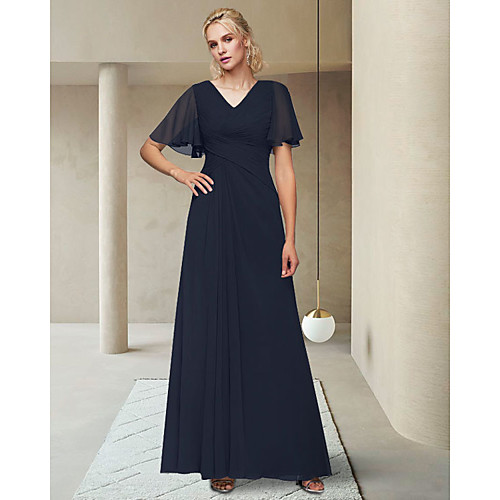 

A-Line Mother of the Bride Dress Elegant V Neck Ankle Length Chiffon Half Sleeve with Ruching 2021