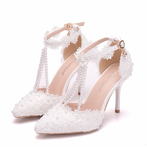 

Women's Wedding Shoes Stiletto Heel Pointed Toe Wedding Pumps Business Sexy Minimalism Wedding Party & Evening PU Pearl Buckle Tassel Solid Colored White