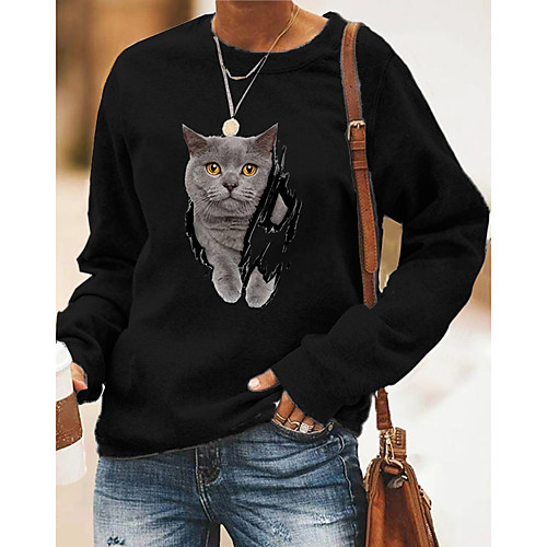 

Women's Pullover Sweatshirt Cat Graphic 3D Print Daily 3D Print Basic Casual Hoodies Sweatshirts White Black