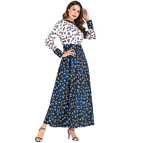 

Women's Swing Dress Maxi long Dress Blue Long Sleeve Leopard Patchwork Print Fall Round Neck Casual Linen M L XL XXL