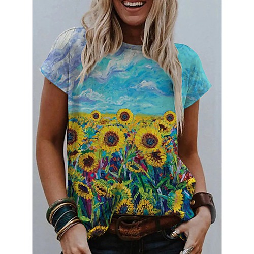 

Women's T shirt Graphic 3D Flower Print Round Neck Tops Basic Basic Top Blue