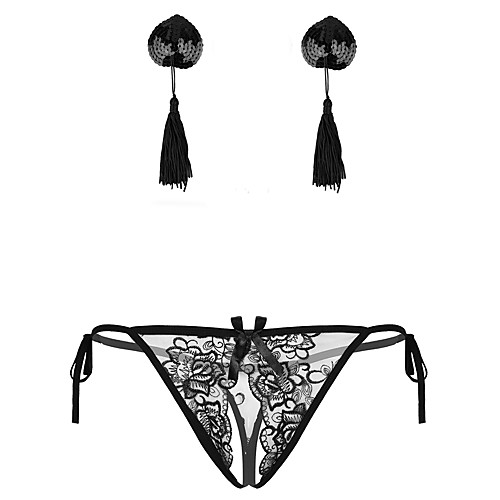 

Women's Sequins Tassel Fringe Lace Super Sexy Suits Nightwear Color Block Bra & Panty Set Blue / Purple / Blushing Pink One-Size / Deep V