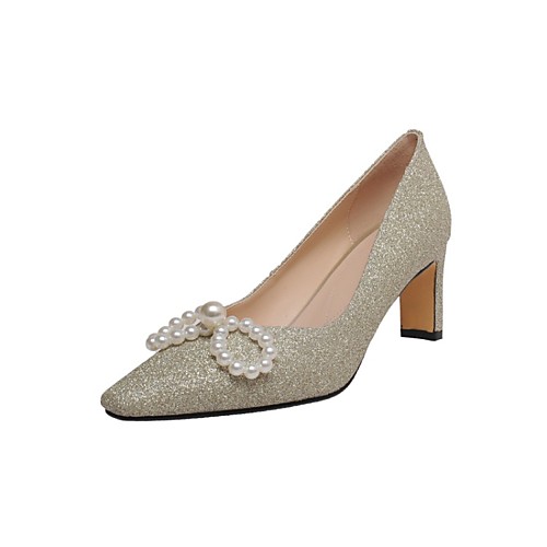 

Women's Wedding Shoes Chunky Heel Square Toe Wedding Pumps Wedding Daily Nappa Leather White Silver