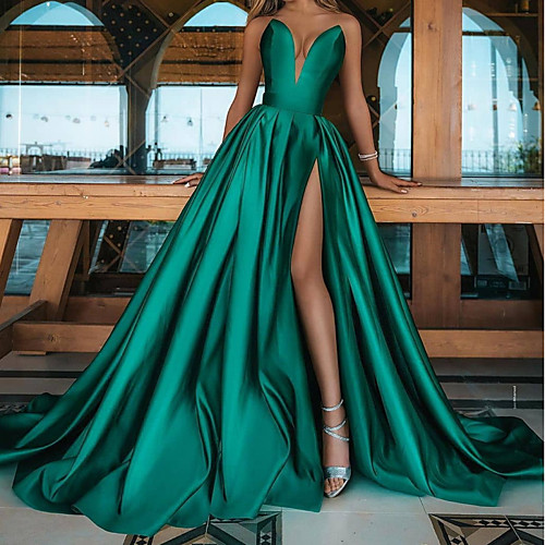 

A-Line Minimalist Sexy Prom Formal Evening Dress V Neck Sleeveless Sweep / Brush Train Satin with Pleats Split 2021