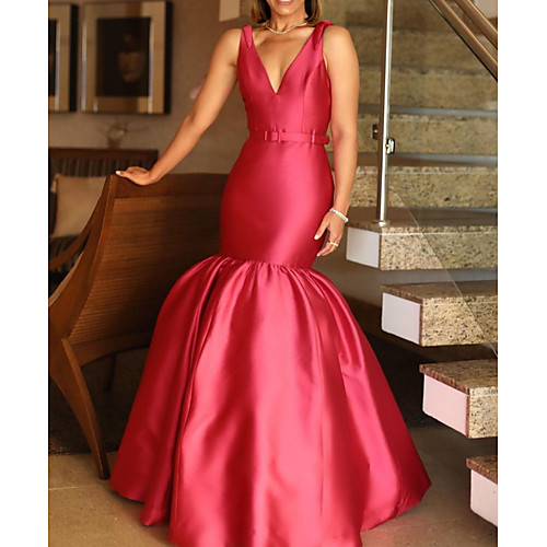 

Mermaid / Trumpet Minimalist Sexy Wedding Guest Formal Evening Valentine's Day Dress V Neck Sleeveless Floor Length Charmeuse with Sash / Ribbon 2021