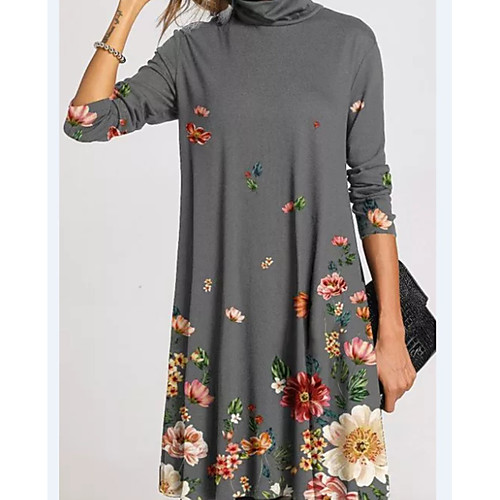 

Women's A Line Dress Knee Length Dress Gray Black Long Sleeve Floral Patchwork Print Fall Spring Casual 2021 S M L XL XXL 3XL 4XL 5XL