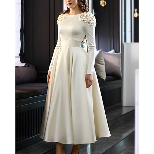 

A-Line Elegant Floral Engagement Prom Dress Jewel Neck Long Sleeve Ankle Length Satin with Pleats Appliques 2021