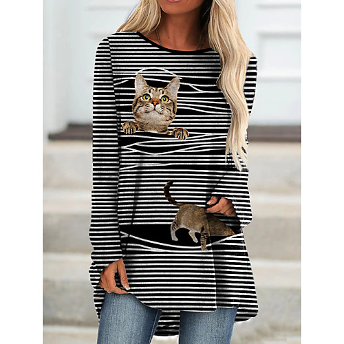 

Women's 3D Cat T shirt Dress Tunic T shirt Cat 3D Graphic Prints Long Sleeve Print Round Neck Basic Tops Black