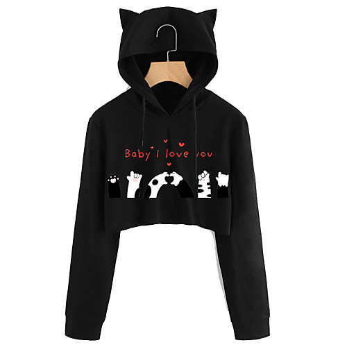 

Women's Cropped Hoddie Cat Graphic Text Crop Top Cat Ear Daily Basic Casual Hoodies Sweatshirts Black