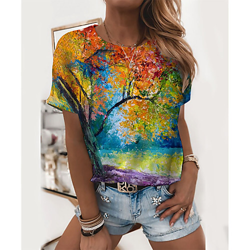 

Women's T shirt Graphic Leaf Print Round Neck Tops Basic Basic Top Blue