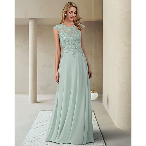 

Sheath / Column Mother of the Bride Dress Elegant Jewel Neck Floor Length Chiffon Lace Short Sleeve with Pleats Appliques 2021