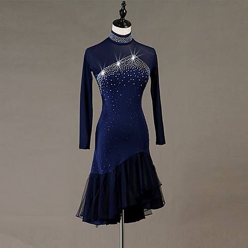 

Latin Dance Dress Cascading Ruffles Crystals / Rhinestones Women's Training Performance Long Sleeve Natural Elastane Tulle