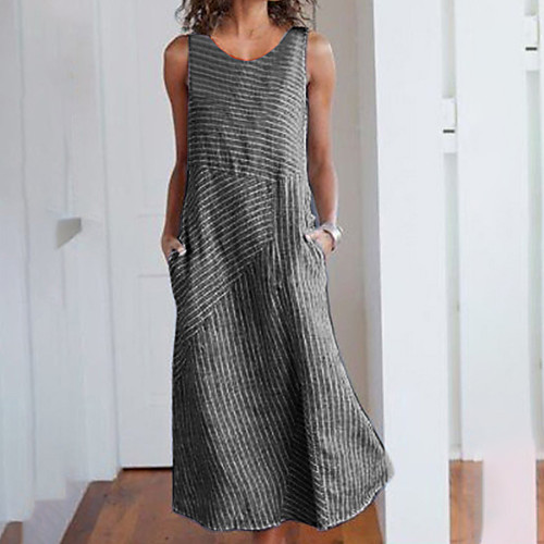 

Women's A Line Dress Maxi long Dress Blue Gray Black Sleeveless Striped Patchwork Spring Summer V Neck Casual Holiday Going out 2021 S M L XL XXL 3XL 4XL 5XL / Cotton / Cotton