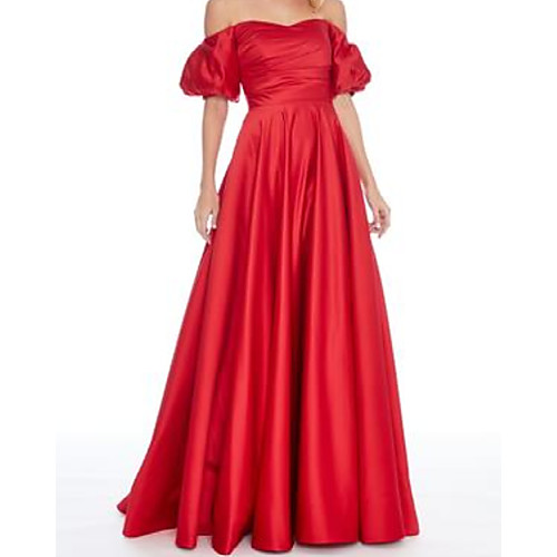 

A-Line Minimalist Elegant Engagement Formal Evening Dress Off Shoulder Short Sleeve Sweep / Brush Train Satin with Pleats 2021