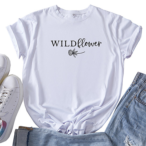 

Women's T shirt Graphic Letter Print Round Neck Tops 100% Cotton Basic Basic Top White Red Yellow