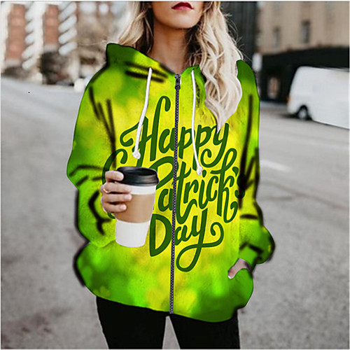 

Women's Hoodied Jacket Daily Spring & Fall Regular Coat Regular Fit Active Streetwear Jacket Long Sleeve Plants Print Green / Holiday