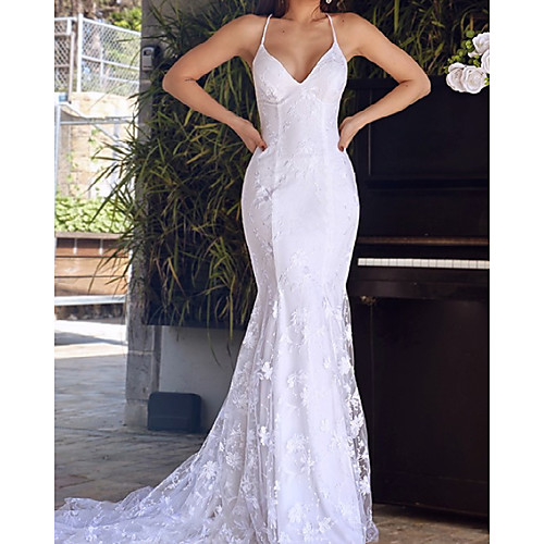 

Mermaid / Trumpet Wedding Dresses V Neck Sweep / Brush Train Lace Sleeveless Country Romantic Beach with Appliques 2021