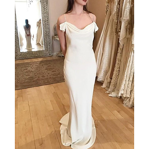 

Sheath / Column Wedding Dresses V Neck Floor Length Stretch Fabric Sleeveless Simple with Ruched 2021