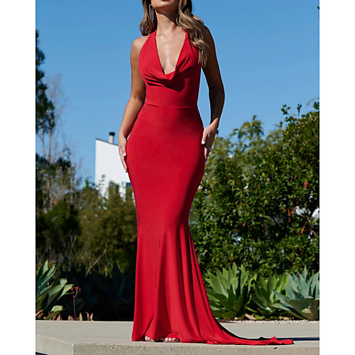 

Mermaid / Trumpet Beautiful Back Sexy Wedding Guest Formal Evening Dress V Neck Sleeveless Sweep / Brush Train Italy Satin with Sleek 2021
