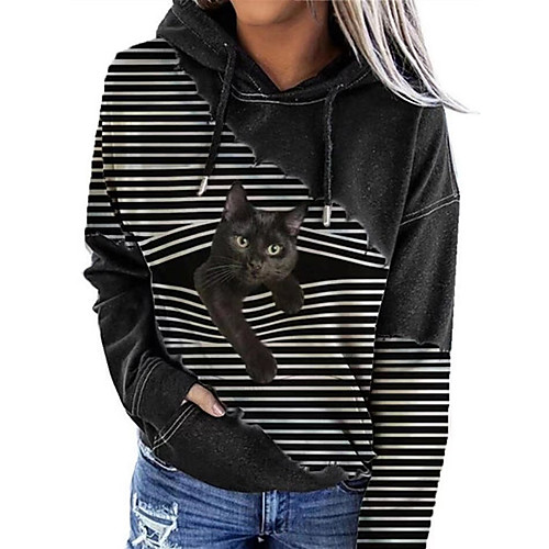 

Women's Pullover Hoodie Sweatshirt Cat Graphic 3D Front Pocket Print Daily 3D Print Basic Casual Hoodies Sweatshirts Black