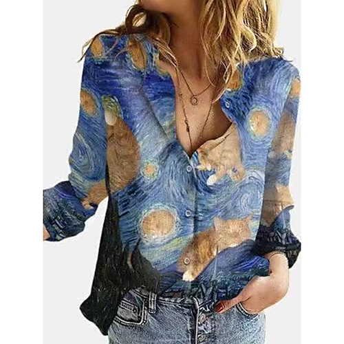 

Women's Blouse Shirt Cat Long Sleeve Print Shirt Collar Tops Blue