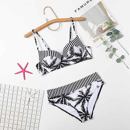 

Women's Bikini Tankini Swimsuit Racerback Open Back Print Stripe Leaf Black Swimwear Padded Strap Bathing Suits New Sweet Tattoo / 2 Piece / Padded Bras / Slim