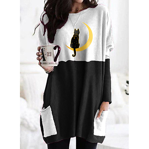 

Women's T shirt Dress Cat Graphic Long Sleeve Patchwork Print Round Neck Tops Basic Basic Top Black Gray