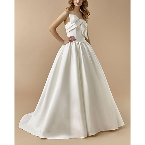 

A-Line Wedding Dresses Strapless Floor Length Satin Sleeveless Simple with Bow(s) 2021