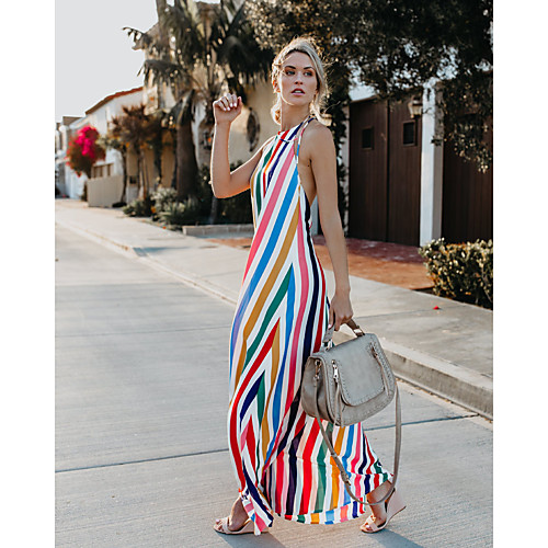 

Women's Shift Dress Maxi long Dress Rainbow Sleeveless Striped Print Print Fall Spring Halter Neck Elegant 2021 S M L XL XXL