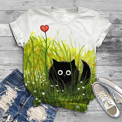 

Women's Plus Size Tops T shirt Cat Graphic Animal Print Short Sleeve Round Neck Big Size / Holiday