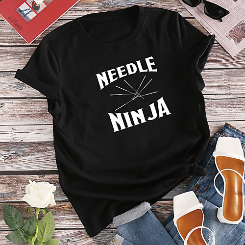 

Women's T shirt Graphic Text Print Round Neck Tops 100% Cotton Basic Basic Top White Black Red